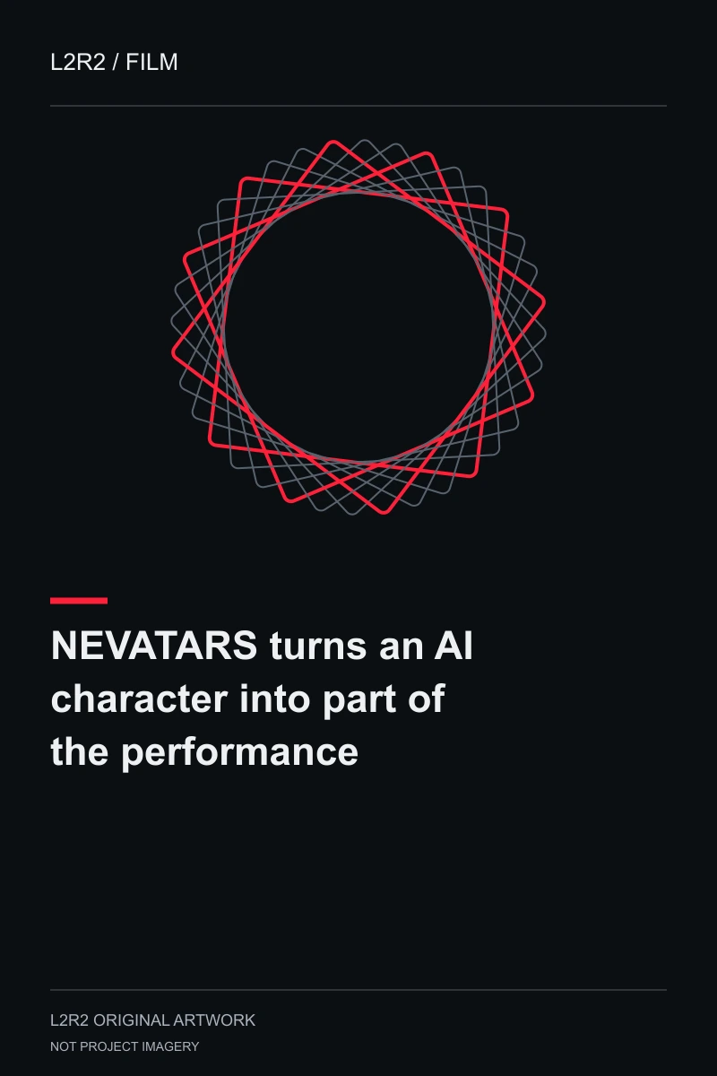 NEVATARS turns an AI character into part of the performance — original L2R2 editorial illustration, not project imagery