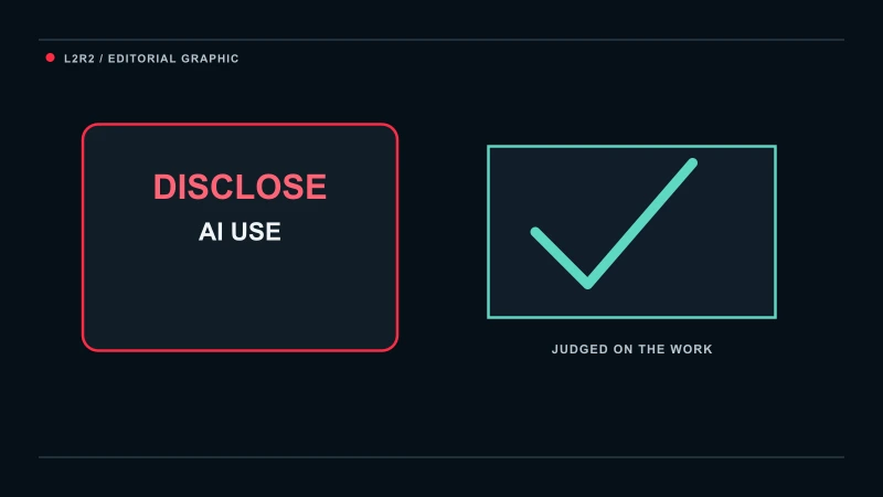 L2R2 event graphic showing AI disclosure as an entry requirement and creative work judged on merit