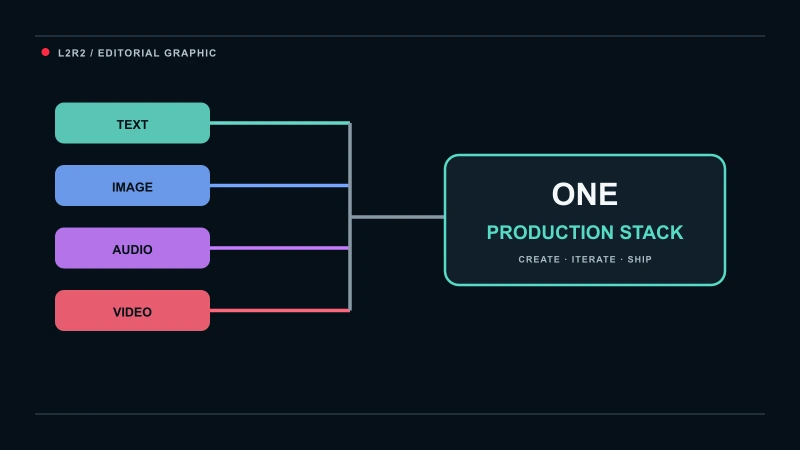 L2R2 process graphic showing text, image, audio and video moving through one production stack