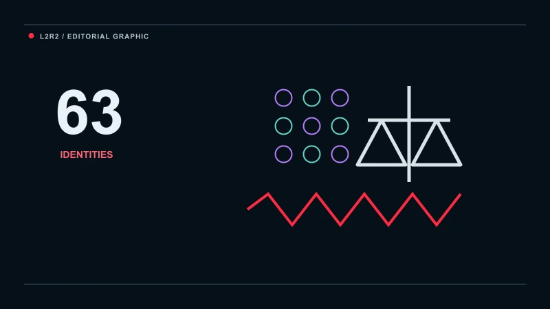 L2R2 legal data graphic showing a voice waveform, 63 protected identities and a balanced legal decision