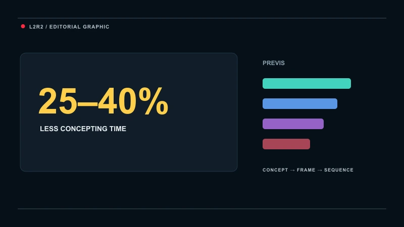 L2R2 data graphic showing a reported 25 to 40 percent reduction in previs concepting time