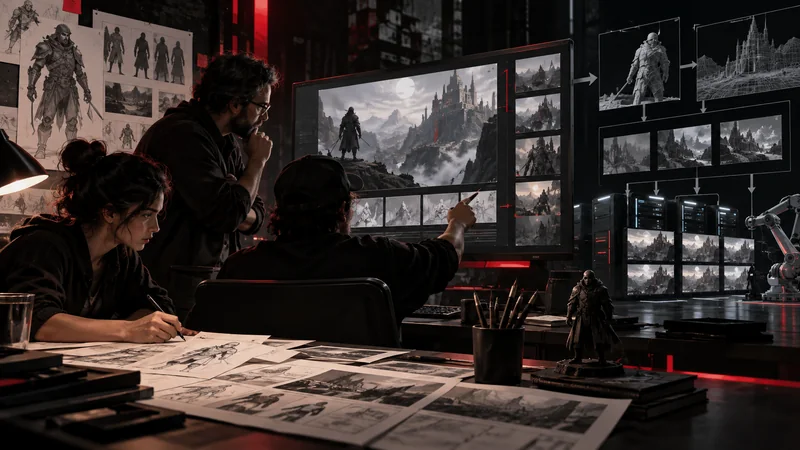 L2R2 original editorial artwork showing human artists directing an AI-assisted game concept studio