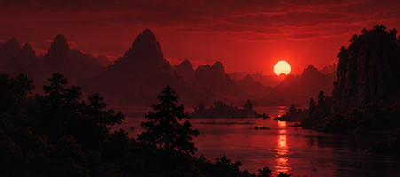 Red sunset over a mountain river